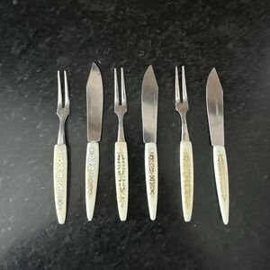 Vtg 70s Cocktail Hors d' oeuvre Forks/Knives, 3 Sets,Stainless Steel Floral Gold